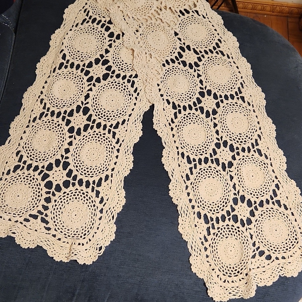 Vintage Cream Crochet LaceTable Runner Dresser  Scarf 64"x12"